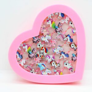 Kids unicorn rings jewlery set big heart shaped box