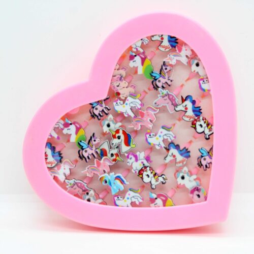 Kids unicorn rings jewlery set big heart shaped box